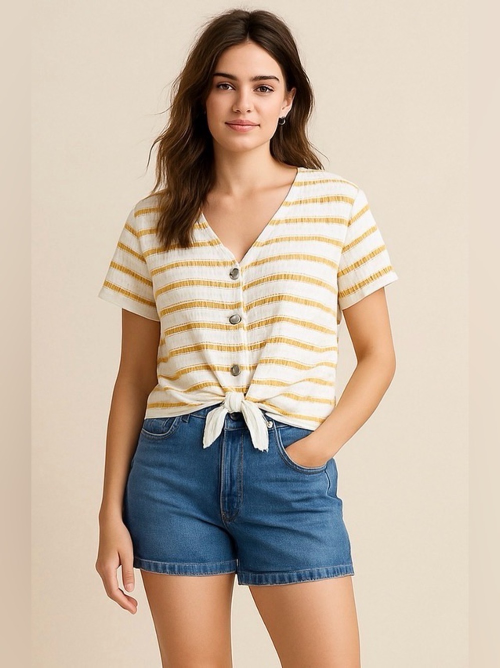 Paper Crane Striped, Front Tie Crop Top, White, Yellow, Size S
